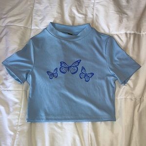 SHIEN Blue Butterfly Print Cropped Tee